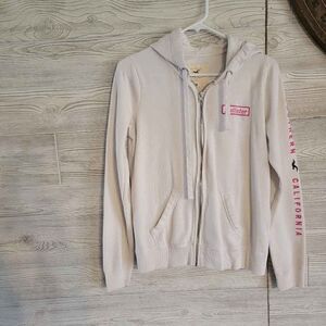 Hollister White Zip Up Womens SZ M Fleece Lined Logo Barbie